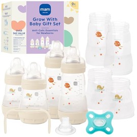 MAM "Grow with Baby" Set, Baby Gift Set (19-Piece), 5 oz and 9 oz Anti-Colic Baby Bottles, 0-4 Month Comfort Pacifier, Unisex, White