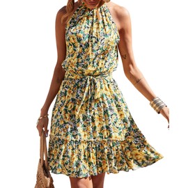 BTFBM Women Halter Neck Summer Dresses 2025 Spring Casual Sleeveless Floral Polka Dot Ruffle Mini Boho Beach Sun Dress(Floral Yellow, X-Large)