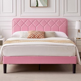 VECELO Full Size Bed Frame Premium Upholstered Platform with Height Adjustable Headboard/Mattress Foundation Solid Wooden Slat Support, No Box Spring Needed/Easy Assembly, Pink