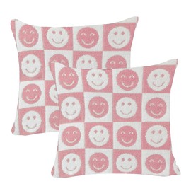NIDITW Set of 2 Ultra Soft Smiley Faces Checkerboard Throw Pillow Cover Microfiber Chessboard Gingham Square Cushion Case Cozy Fluffy Checkered Knit Pillowcase for Sofa Couch 18x18 Inches (Pink)