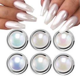 White Pearl Chrome Nail Powder, Aurora Ice Shimmer Nail Art Powder Pearlescent Nail Jewelry Glitter Powder Symphony Mermaid Pearl Neon Nail Powder, Mirror Effect Nail Powder for DIY Salon 6 Boxes
