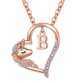 Anoup Unicorn Necklace for Girls, Birthday Gifts for Girls Unicorn Necklace for Girls Initial B Necklaces for Teen Girls Gifts Cute Heart Necklace for Girls Rose Gold Necklace for Teen Girls