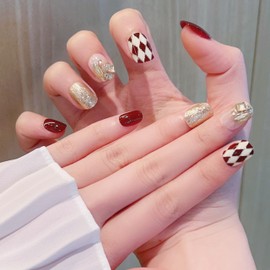 CATKIN Press On Nail Fasle Nail with design 24pcs Full Cover Reusable Acrylic Nails Artificial Nails for Women girls Medium Square Decoration Fake Nails Red plaid