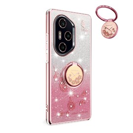 YUECXIN Glitter Case for Honor 400 Pro, Bling Shiny diamond Sparkle Design Women Girls Cover, Ultra Thin Shockproof Flowers Ring Stand Soft Transparent Case, Pink