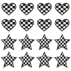 16Pcs Black&White Checkered Heart&Star Western Iron on Embroidered Set, Contains 8 Heart Patches and 8 Star Patches, Black&White Embroidered Sew on Patch Applique Embellishments for Jeans, Hat