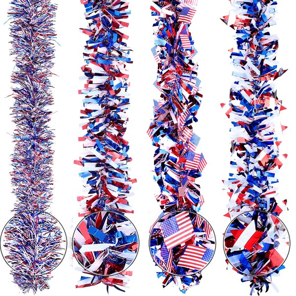 4 Pieces 6.6 ft 4th of July Tinsel Garland Patriotic Tinsel Garland Independence Day Garland Decoration Red White Blue Metallic Tinsel Star USA Flag Glitter Tinsel for Memorial Day Decor (4 Pieces)