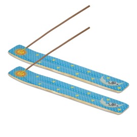 Yajna Traditional-Handmade-Burner Wooden-Incense-Stick-Holder Ash-Catcher-Stand for-Aromatherapy-Meditation-Yoga (Moon & Stars) 10 Inches, Pack of 2
