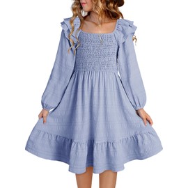 DOKOTOO KIDS Girls Fall Dress Puff Long Sleeves Dresses Girl Cute Spring Dress Ruffle Flowy Waist Casual Fancy Boho Vestidos Niñas Graduation Holiday Light Blue 8-9 Years