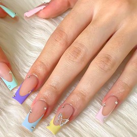French Tip Press on Nails Medium Coffin Fake Nails Acrylic False Nails with 3D Butterfly Designs Rhinestones Artificial Nails French Colored Tip Nails Press ons Stick on Nails for Women 24Pcs