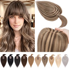 SEGO 100% Real Human Hair Toppers with Bangs,Silk Base 150% Density Clip in Topper Top 2.7”x5.1” Hair Pieces for Women with Thinning Hair/Hair Loss Cover Gray Hair