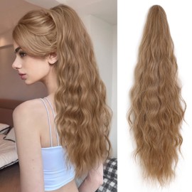 XIXISNOW Claw Clip Ponytail Extension for Women 24'' Clip On Synthetic Hair with Fluffy Layered Wavy Heat Resistant & Natural Look Curly Fake Hair Pony Tail Extensions (Brown Mix Blonde, 4.5OZ)