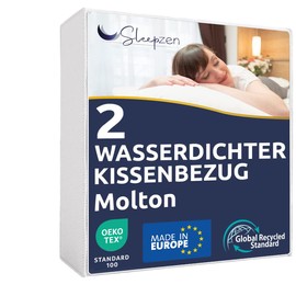 Waterproof pillowcase 60 x 60 cm, pillow protector with hoop closure, made in the EU, Oeko-Tex® certified, recycled cotton molton GRS® soft, pack of 2, zip, anti-mites and bed bugs