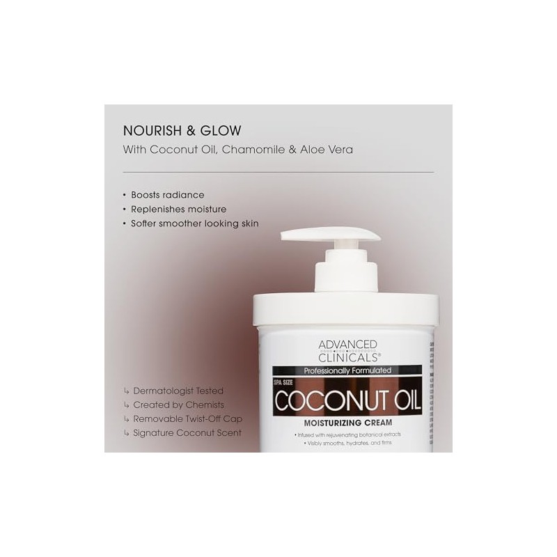 Advanced Clinicals Coconut Oil Cream. Two Spa Size 16oz Moisturizing