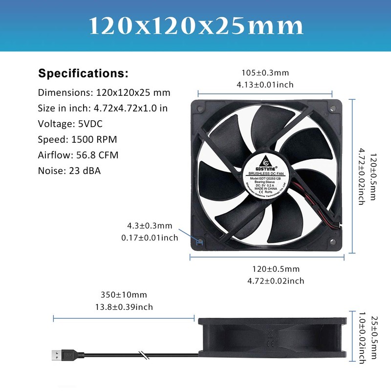GDSTIME Dual Speed Control USB Fan 120mm, 2 Pack 120x120x25mm