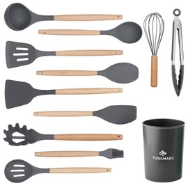 TONGMARU 12 pcs Kitchen Cooking Utensils Set, Premium Beech Wooden Handle Kitchen Gadgets Utensil Set, Non-Stick Silicone Cooking Kitchen Utensils Spatula Set with Holder, 446°F Resistant (Dark Gray)