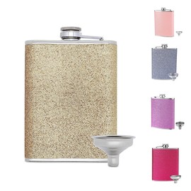 Hezhou Women's Hip Flask Small Hip Flask with Glitter Colour Mini Hip Flask with A Funnel Portable Stainless Steel Hip Flask for Hiking, Climbing, Camping 235 ml (8 oz) (Gold)