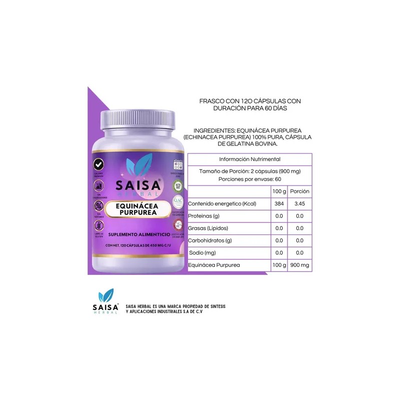 Equinacea Pura Premium 100 120 Cáp Suplemento Alimenticio Saisa Herbal
