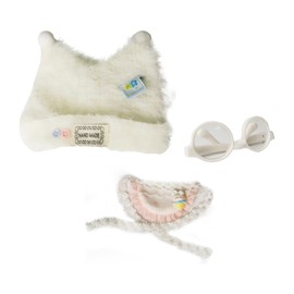 3 Piece Doll Outfit for 17 cm & 15 cm Models (Without Doll) - White Shaped Velour Hat + White Glasses + Pink Bib Apron
