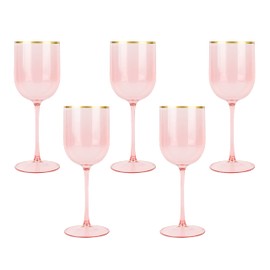 PLASTICPRO Pink Wine Cup with Gold rim Plastic Wine Glasses Set of 5 Elegant Wine Goblets Hard Plastic Wine Cups on Stem 12 Ounce
