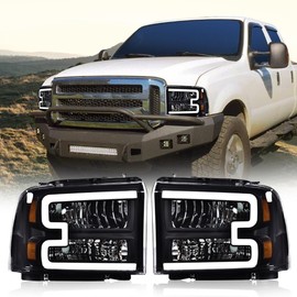 PIT66 LED DRL Bar Headlights Assembly Compatible with Ford F250 F350 F450 F550 SuperDuty 2005 2006 2007 Fit Ford Excursion 2005 Smoky Lens Black Housing Amber Reflector