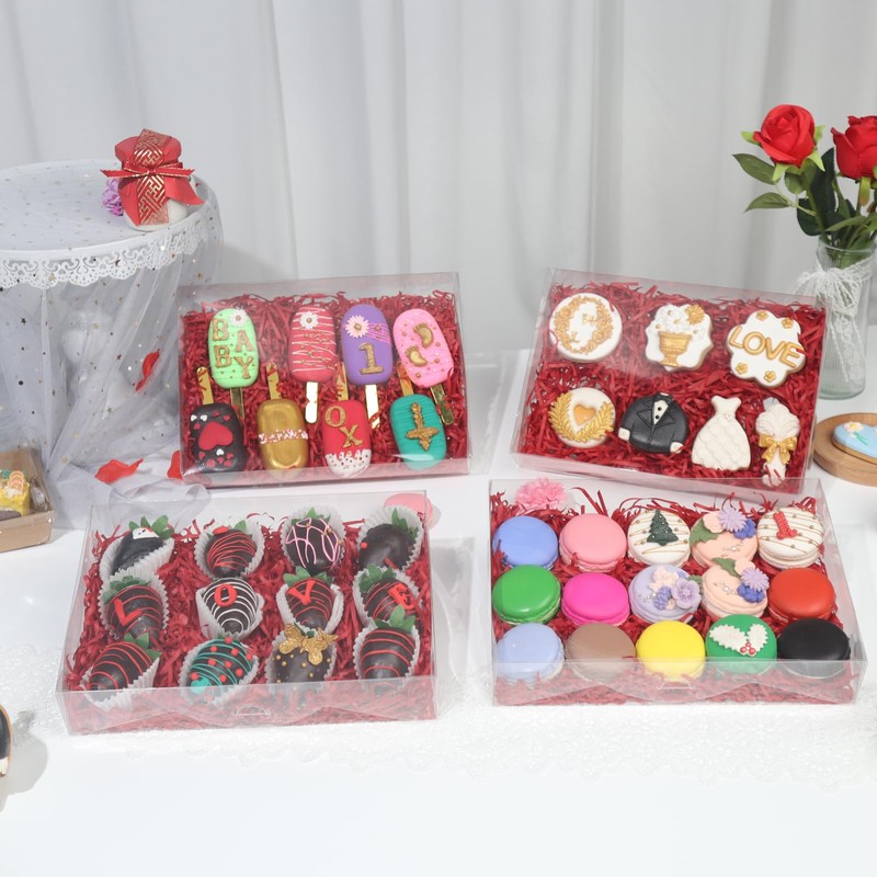 RomanticBaking 50PCS 10x7x2 inches Clear Cookie Boxes Strawberry Boxes Bakery