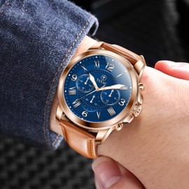Taxau Watches for Men Brown Blue Mens Leather Watch Luxury Waterproof Watches for Men Men's Wrist WatchesRose Gold Watch Men Brown Watch Mens Dress Watch Big Face Watch for Men Analog Watch Men