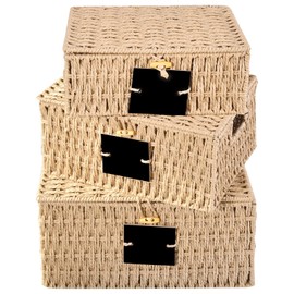 OUTBROS Storage Box Hand-Woven Wicker Baskets with Lid, Multipurpose Stackable Bin, Shelf Nesting, Desktop Makeup Organizer Container with Built-In Carry Handles, Natural