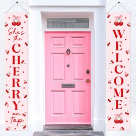 She's the Cherry on Top Decorations Cherry Welcome Porch Sign Banner Cherry Door Banner Cherry on Top Baby Shower Decor for Girls Baby Shower Birthday Party Indoor Outside Front Door Party Decor