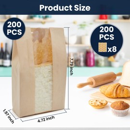Yenmoz 200 PACK Large Paper Bread Bags, Paper Bakery Bags Kraft Paper Bread Loaf Bags with Transparent Window Including Label Seal Sticker for Homemade Bread (9.05x4.72x1.97 Inch)