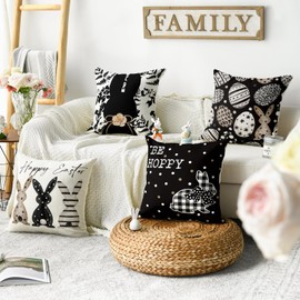 AVOIN colorlife Happy Easter Be Hoppy Rabbit Easter Eggs Black Throw Pillow Covers, 20 x 20 Inch Cushion Case Decoration for Sofa Couch Set of 4