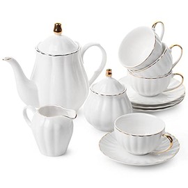 BTaT - Classic tea set, 13 pcs, Tea Cups (7oz), Tea Pot (38oz), Creamer and Sugar Set, Porcelain Tea Set, White Tea Set, Tea Pot Sets with Cups, Coffee Serving Set, White Porcelain Tea Set