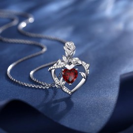 Fancime Women's Birthstone Necklace, Blossom Heart, Rose, 12 Months, Birthstone, Open Heart, Rose Zirconia, Sterling Silver, Girlfriend, Birthday, Anniversary, Christmas Gift