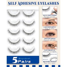 Pestañas Autoadhesivas Reutilizables Impermeables de Aspecto Natural, Ojo de Muñeca 10mm, 5 Pares de Pestañas Postizas Adhesivas, Pestañas Postizas Na