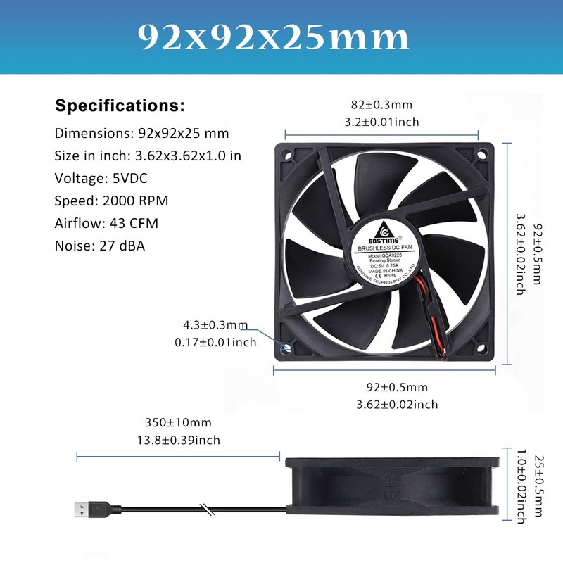 GDSTIME 90mm Mini USB Fan, 2 Pack 92mm x 25mm
