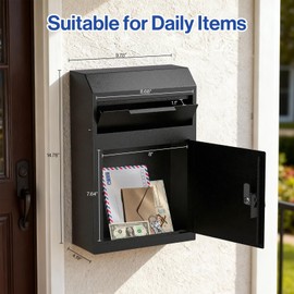 POCHAR Metal Wall Mount Locking Deposit Drop Box Safe - Heavy Duty Lock Box for Keys, Rent, Checks, Money, and Mail Envelopes (9.75” x 4.25” x 14.75”) (Black)