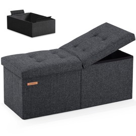 HAUSFRAU 31.5 Inches Ottoman with Storage Bench, Folding Ottoman Bench Small Foot Rest Stool, Bedroom Bench with Flipping Lid, Linen Dark Gray