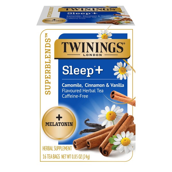Twinings Superblends Sleep + Melatonin, Camomile, Cinnamon & Vanilla Flavoured Herbal Tea, Caffeine-Free, 16 Count (Pack of 6)