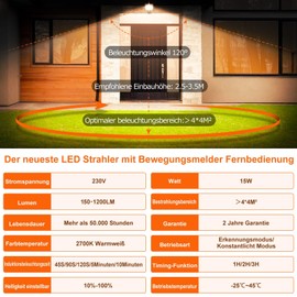 MEIKEE 15 W LED Spotlight with Motion Sensor Remote Control 2700 K Warm White 150-1200 LM Outdoor Spotlight LED Floodlight IP66 Waterproof Headlight Outdoor Light for Garden Garage Sports Field 2