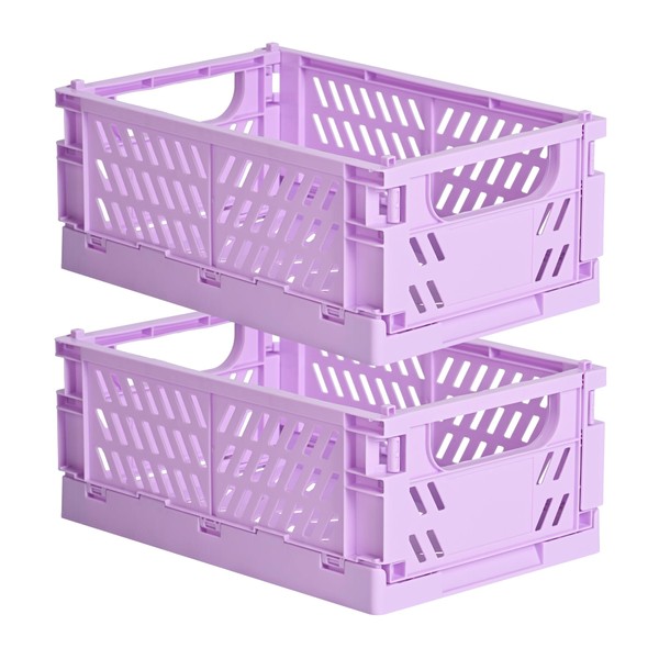 HUUSMOT 2-Pack Pastel Storage Crates, Collapsible Storage Crate, Plastic Baskets for Organizing, Cute Basket for Bedroom Decor Classroom and Office Kitchen Bathroom Home (Purple, 9.8" x 6.5" x 3.8")