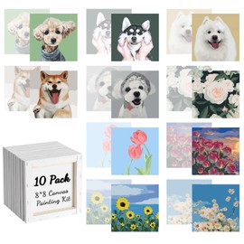 Seearttz 10 Pcs Pre Drawn Canvas to Paint for Adults Kids Pre Printed Base Colors Canvases Sip and Paint Kit Pre Drawn 8 * 8 Stretched Canvas Painting Party Favor for Artist Beginners (Flower/Dog)