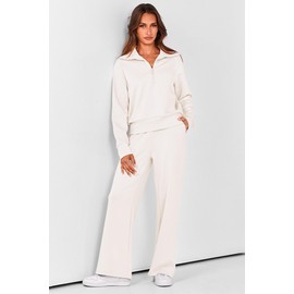 PRETTYGARDEN Women's 2 Piece Outfits Casual Lapel Half Zip Sweatshirts And Wide Leg Pants Tracksuit Sets (White,Medium)