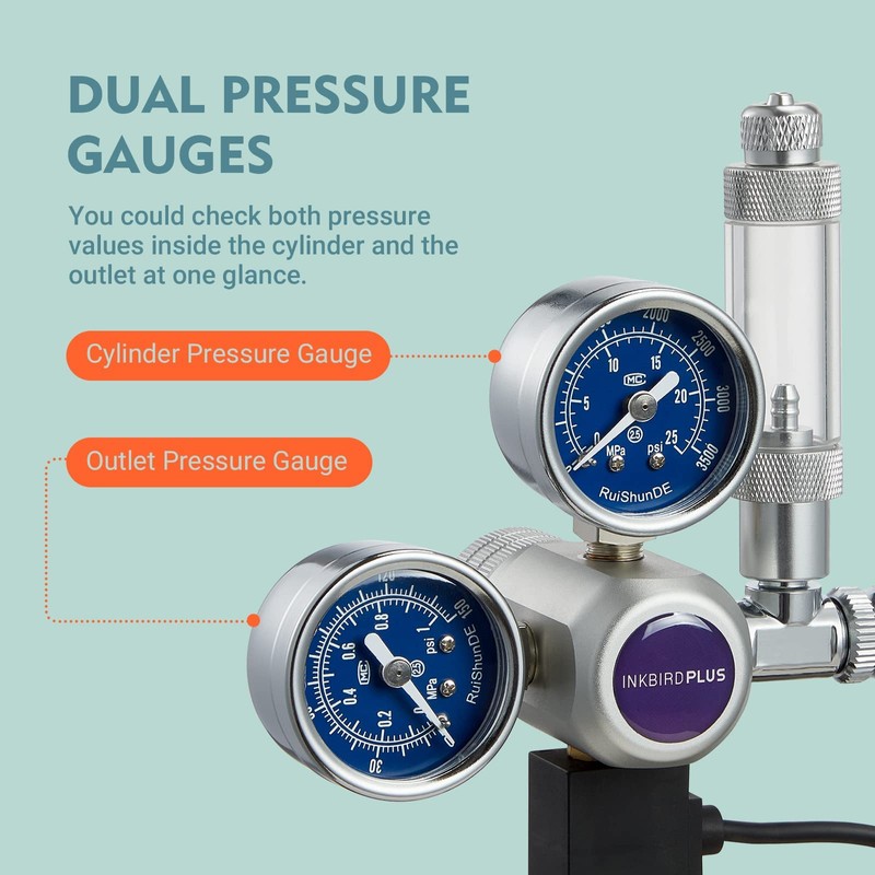 INKBIRDPLUS 12V DC CO2 Regulator with Dual Gauges, Bubble Counter