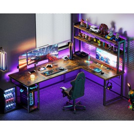 ODK L Shaped Gaming Desk with Hutch, Computer Desk with Storage Shelves, 66" L Shaped Desk for Home Office, Corner Desk with Headphone Hook, Vintage