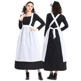 BPURB Women's Pioneer Colonial Dress Pilgrim Costume Civil War Dress Victorian Maid Peasant Costume with Apron, black-white