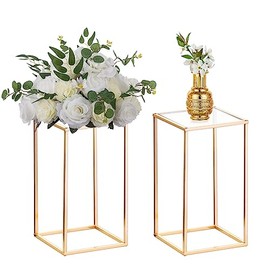 Nuptio - 2 jarrones de metal para floreros con columna de metal para flores, jarrones geométricos para mesas, 15¾ pulgadas de alto, soporte de flores doradas para decoración del hogar, fiesta de boda,