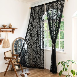 Treatmentex Lace Black Sheer Curtains for Bedroom Living Room Studio 84inch Long Elegant Leaf Embroidered Semi Sheer Curtain Panels for Country Farmhouse Decor 54" w 2pcs 7ft
