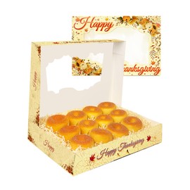 qiqee Thanksgiving 14x10x2.5 inch Auto-pop Up 24Pcs Cookie Box with Window Thanksgiving Pumkin Flower Pastry Macaron Bakery Box for Thanksgiving Day
