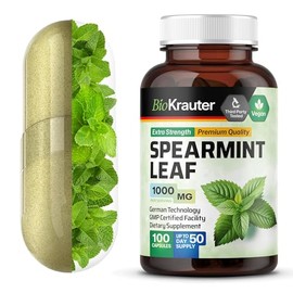 Cápsulas de Menta Spearmint, 500 Mg, Hoja de Orgánica (Mentha Spicata), 100 Cápsulas, Bio KRAUTER, HERBAL_SUPPLEMENT, Zacate Natural, Cápsula, 1 Unida