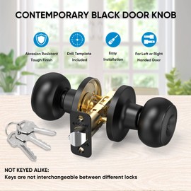 TICONN Round Door Knobs, Ball Door Knob with Dead Bolt, Door Handle Lock for Indoor Doors (5-Pack, Keyed Entry - Not Keyed Alike, Matte Black)