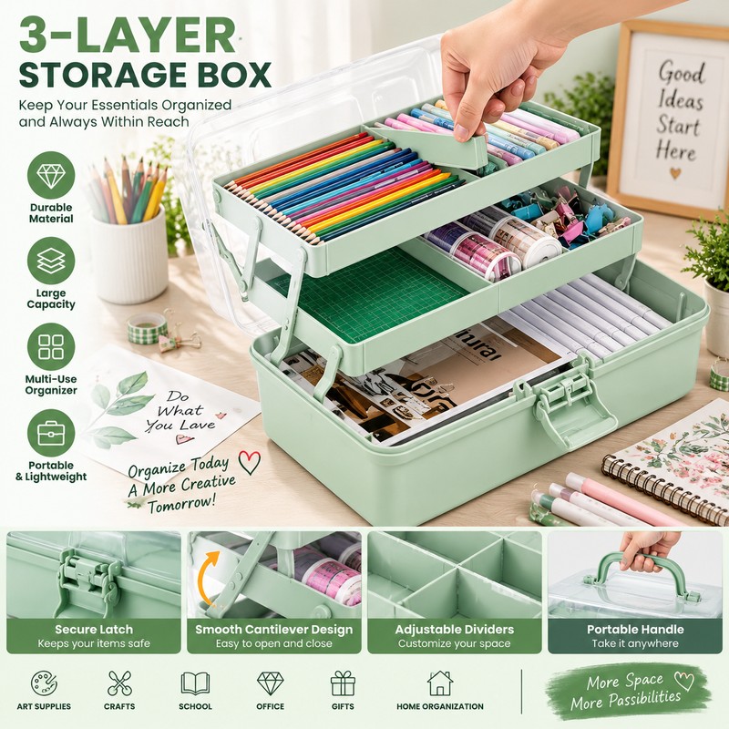 3-Layer Plastic Storage Organizer with Adjustable Dividers – Portable Craft